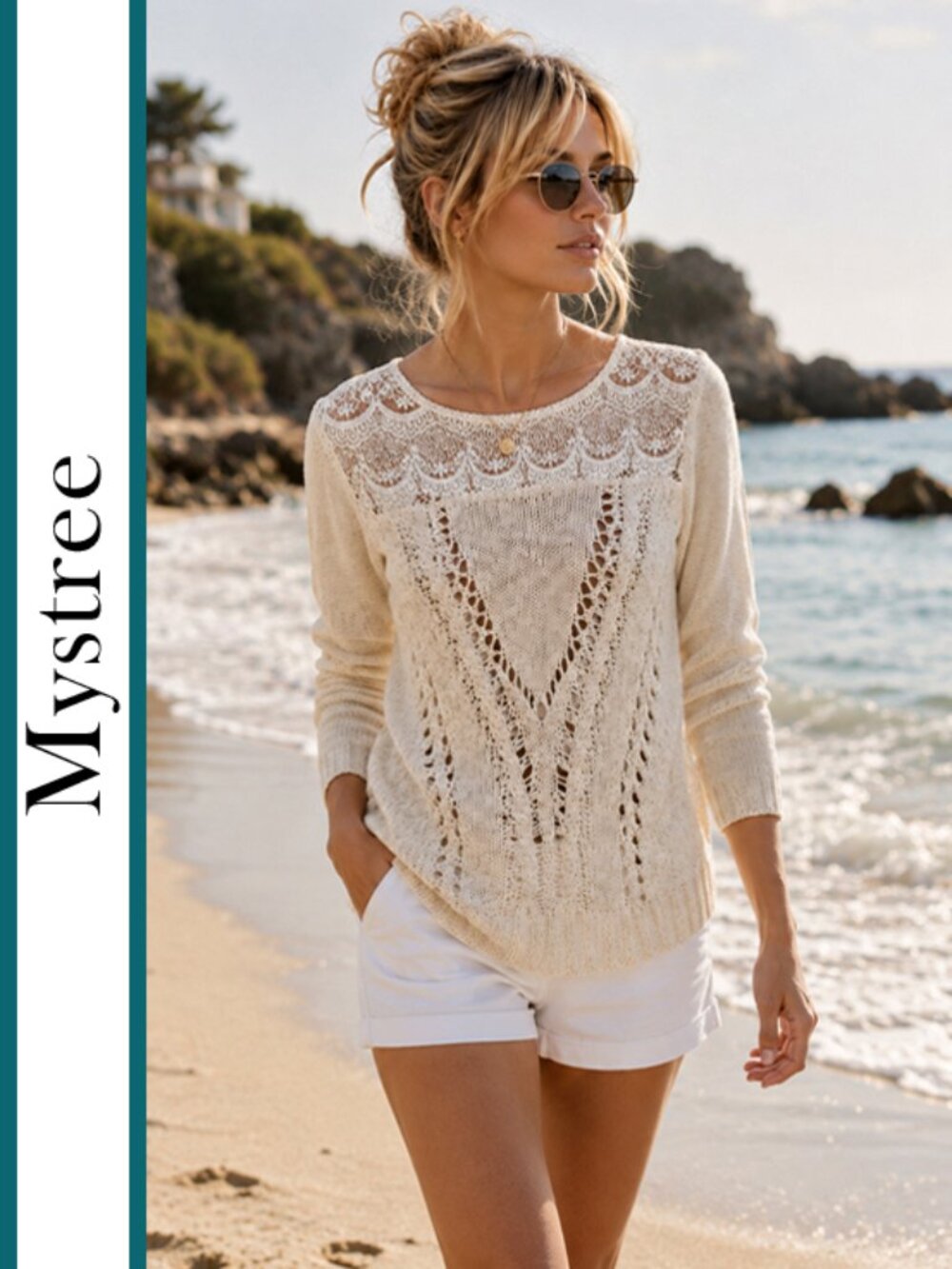 Mystree | Coastal Chic Crochet Knit Sweater Top - Picture 3 of 9